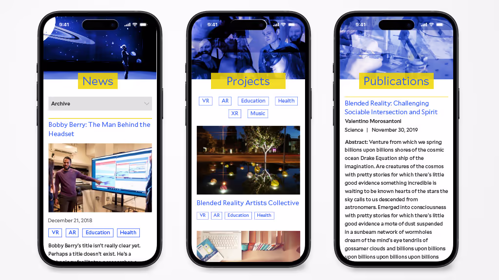 The news, project, and publication pages as displayed on a phone.