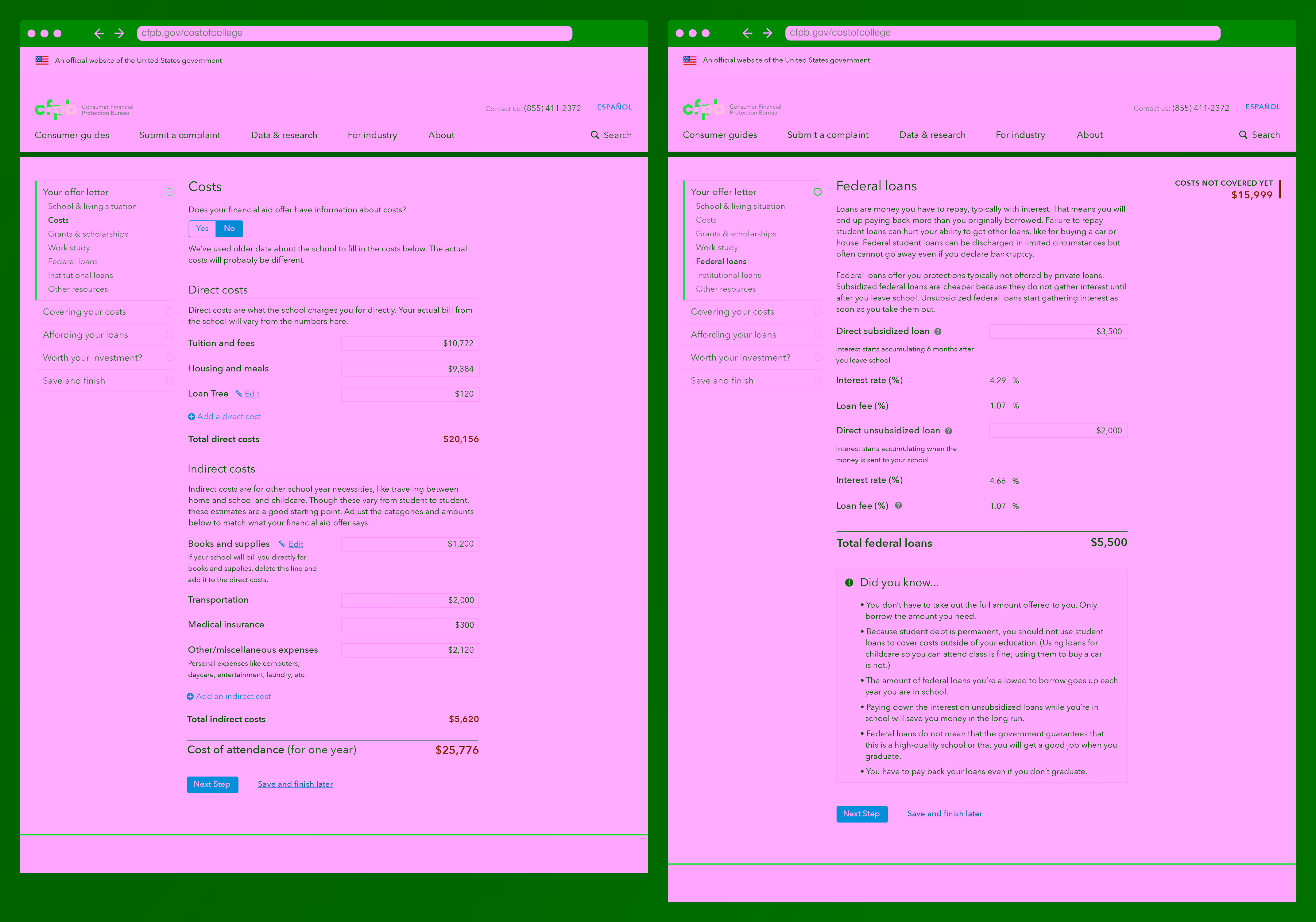The data input pages for the college cost tool, where students can enter in their tutition, supply, and living expense costs, along with any sources of their funding.