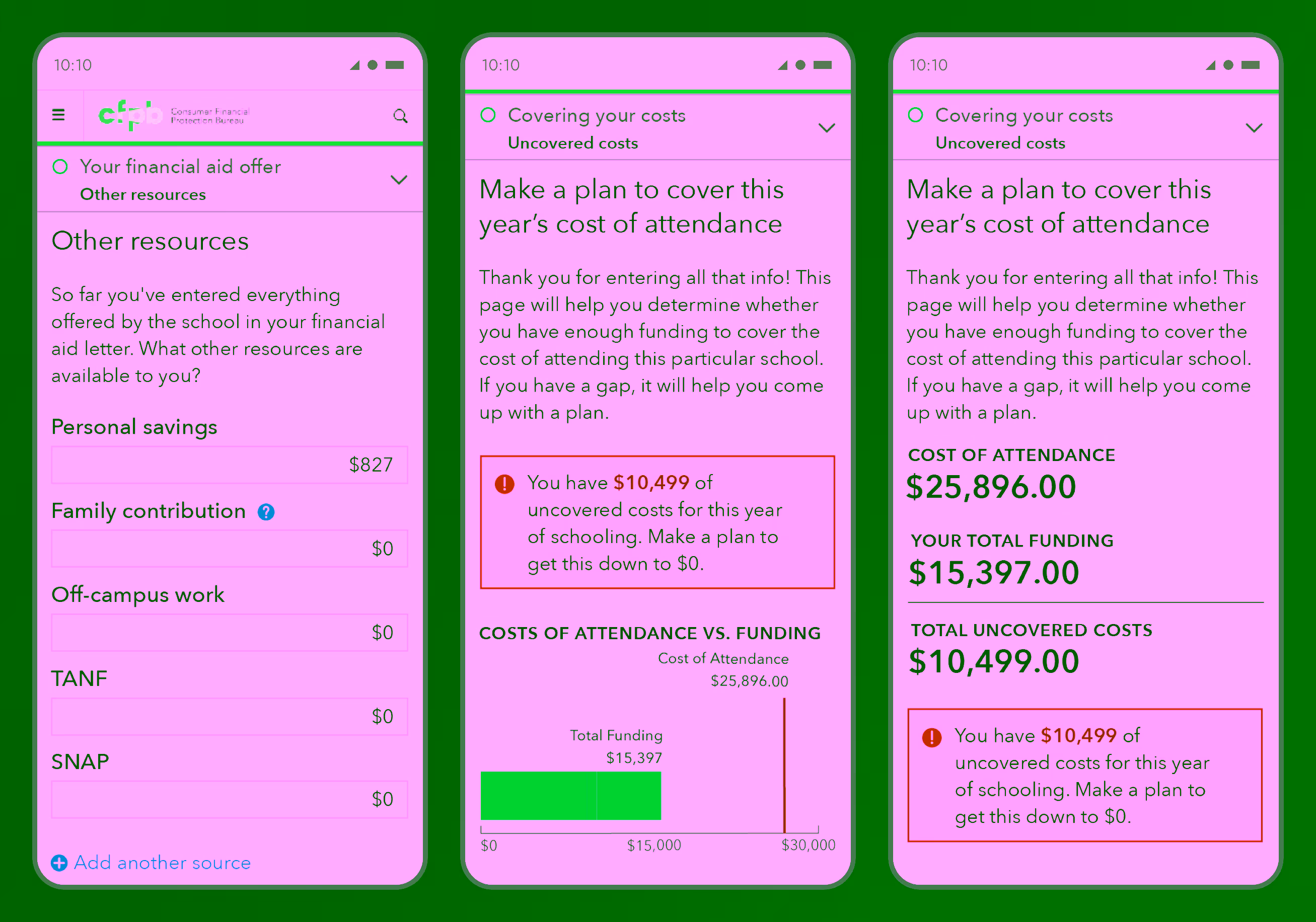 The mobile versions of the input and costs pages