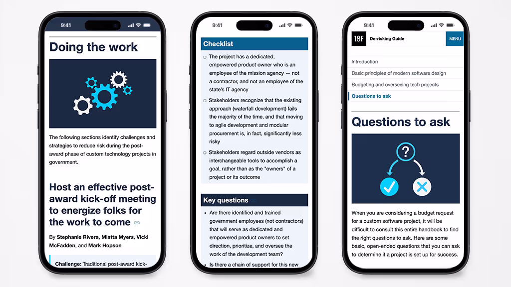 A repsentative set of derisking guide pages as they appear on mobile devices.