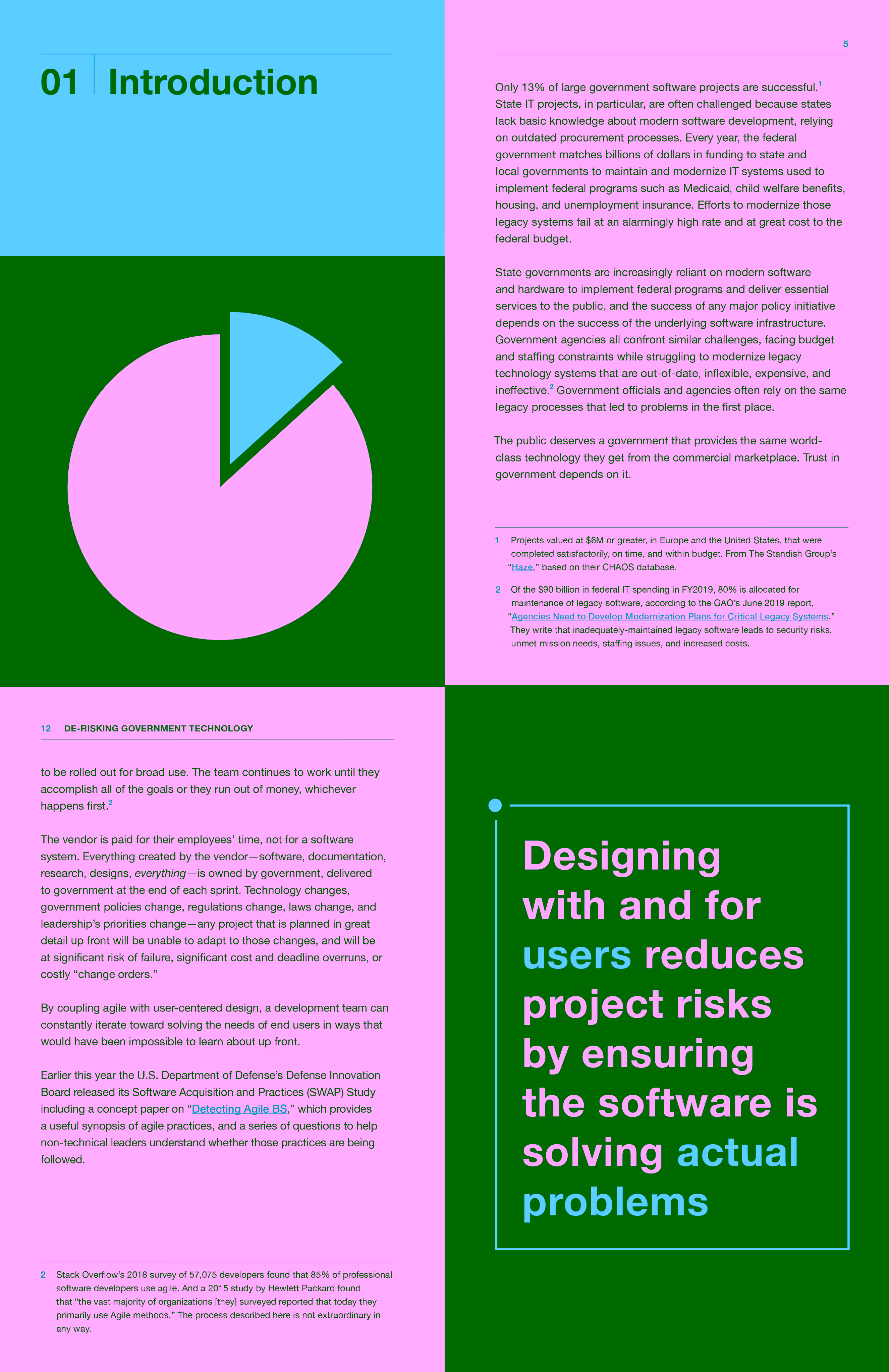 A set of 2 spreads from the federal guide showing the introduction chapter spread, and design for a large pull quote.