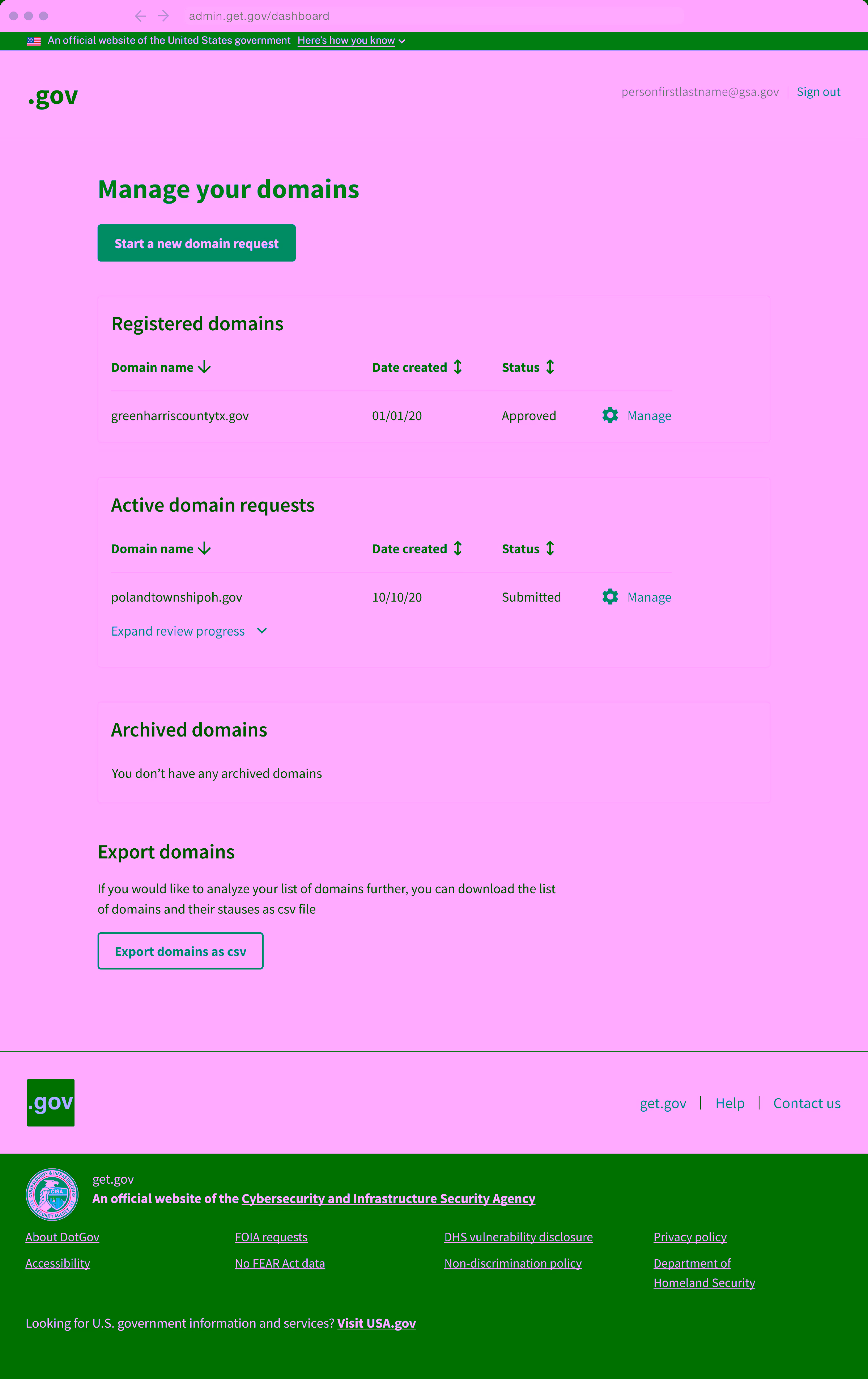 Design of the user dashboard for manage.get.gov
